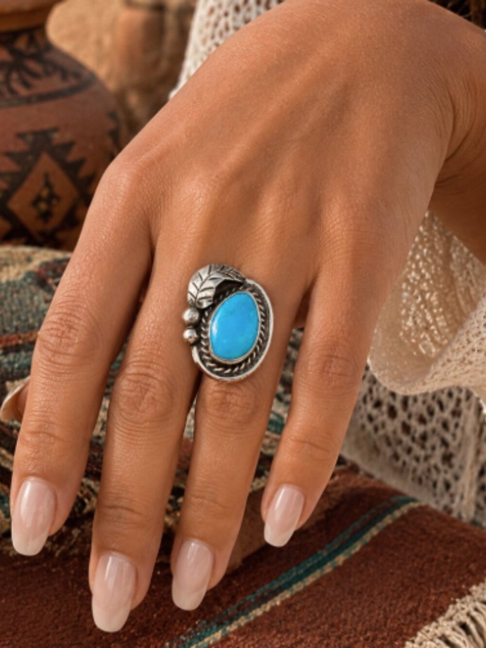Vintage Southwestern Sterling Silver and Turquoise Ring Signed LH Size 6.5